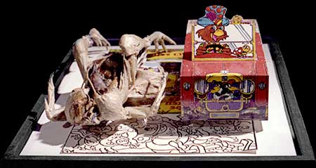 PICTURE: photo of front view of dissected and freeze-dried chicken lying next to a chicken-dinner package featuring a drawing of a happy chicken