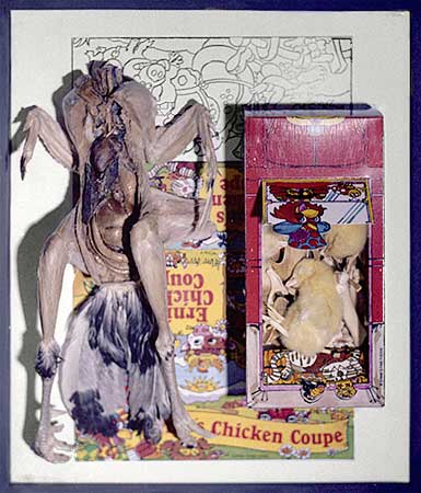 PICTURE: top view of the sculpture showing dissected and freeze-dried chicken beside the chicken-dinner promotional package containing 3 freeze-dried chicks.